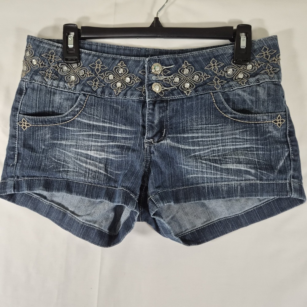 B.B Jeans Y2K Denim Shorts Womens Size 13 Low Rise Rhinestone Embellished Waist